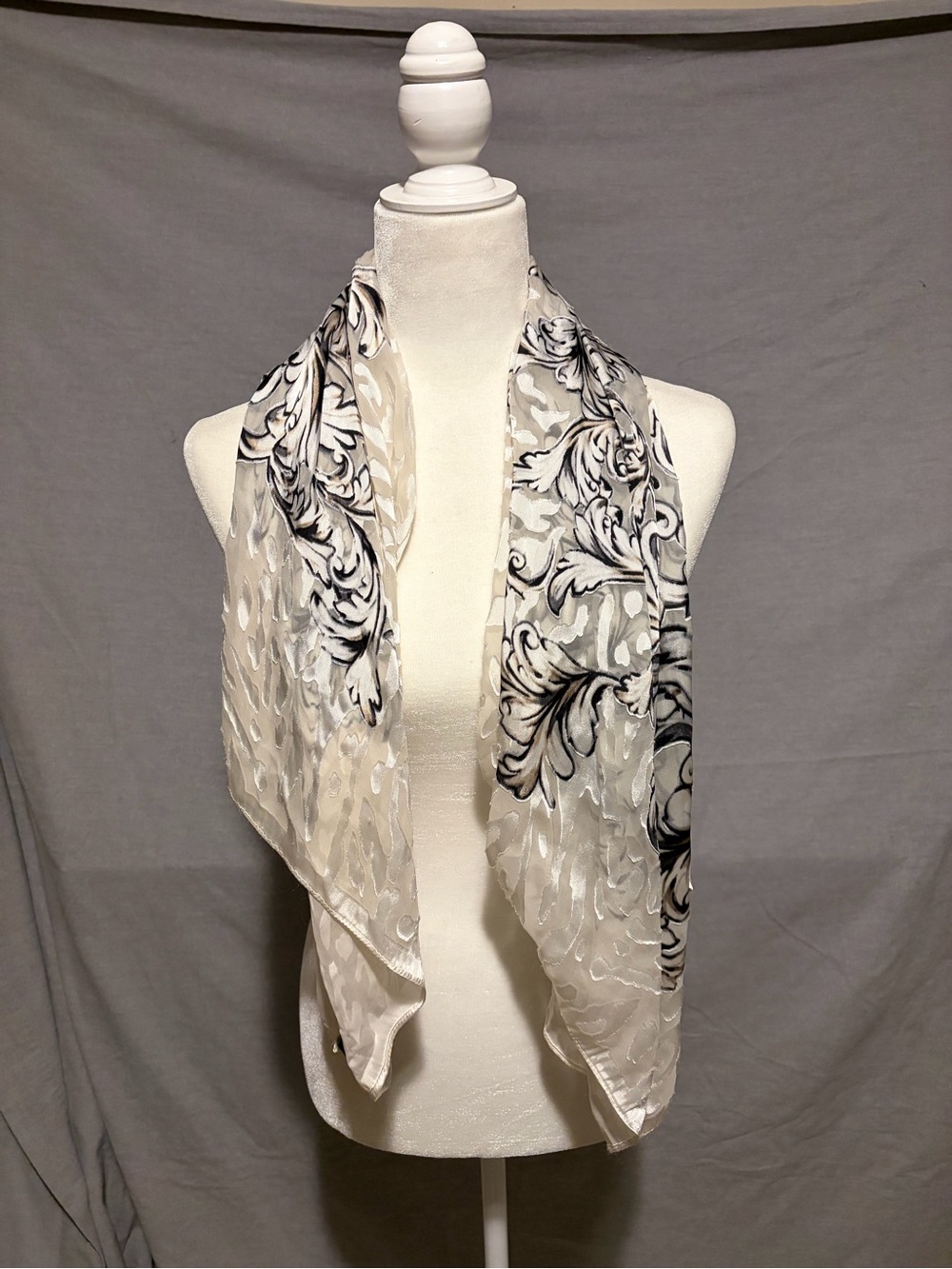 White House Black Market Cream and Black Sheer Floral Scroll Scarf